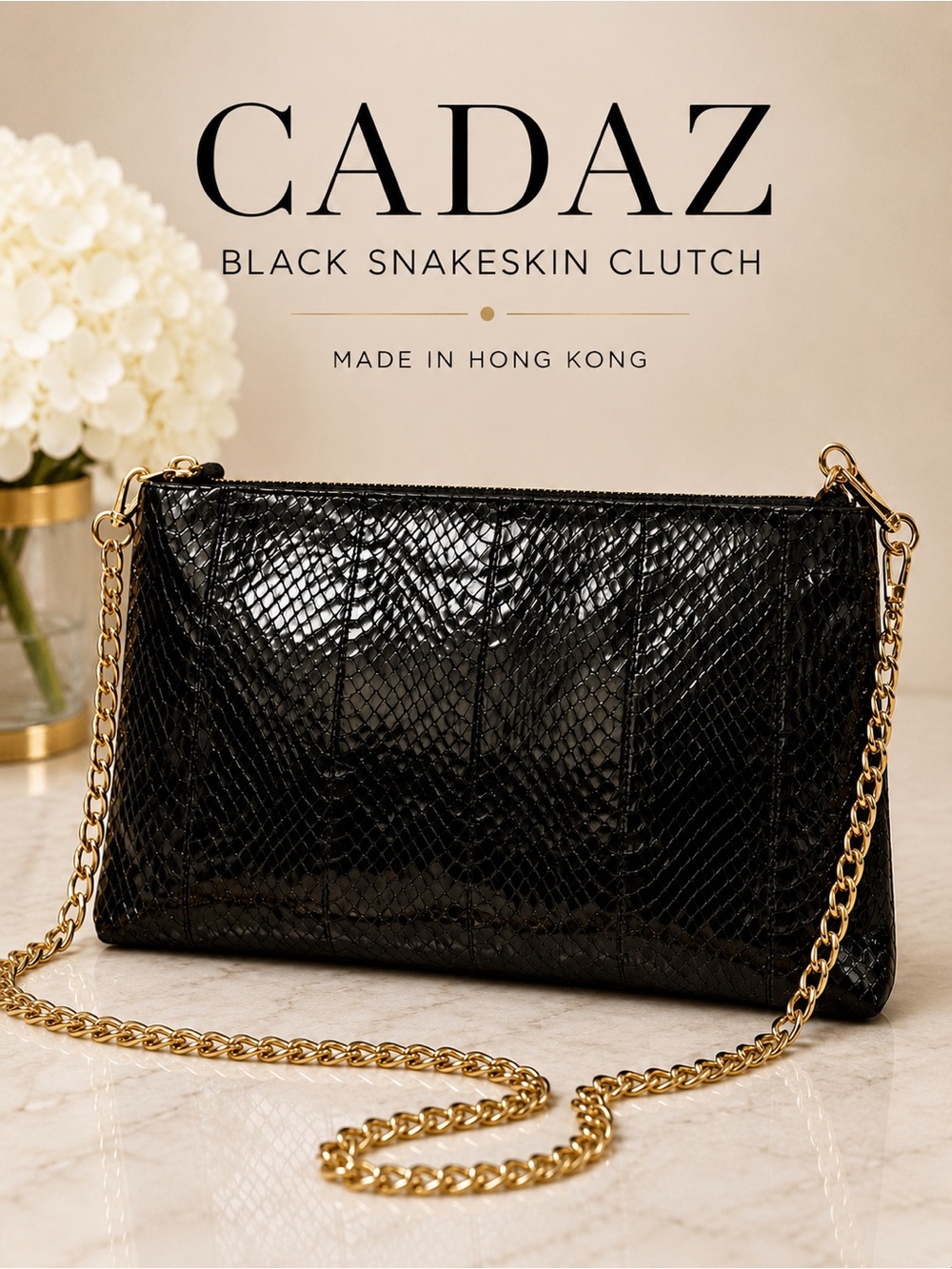 Cadaz Black Snakeskin Clutch Bag Gold Chain Shoulder Purse Vintage Hong Kong